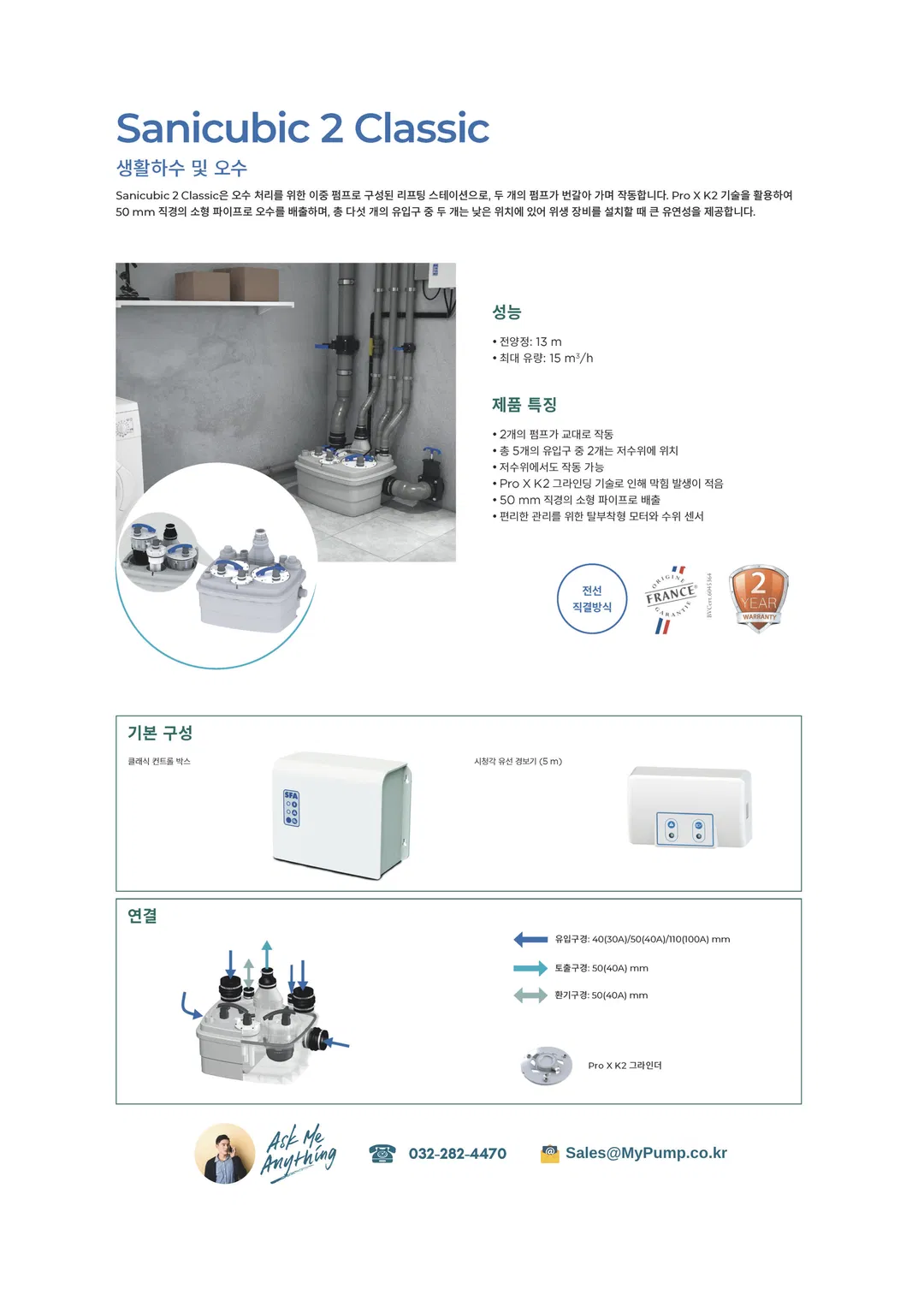 Sanicubic 2 Classic은 이중 펌프 내장 구조로 한쪽 펌프에 이상이 생겨도 다른 펌프로 안정적인 작동이 가능한 고신뢰성 오수 처리 시스템