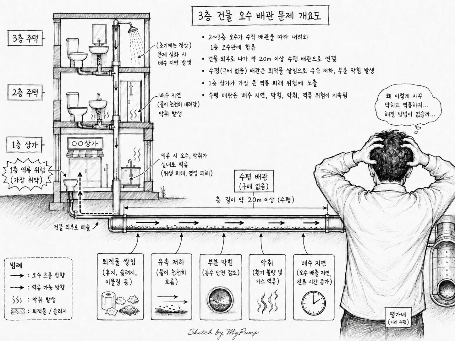 3층 상가주택 정화조 직관공사 시 20m 이상 수평 오수관을 시 오수관에 연결할 때 발생하는 퇴적물, 배수 지연, 반복 막힘 및 1층 오수 역류 위험을 설명한 건물 단면 스케치