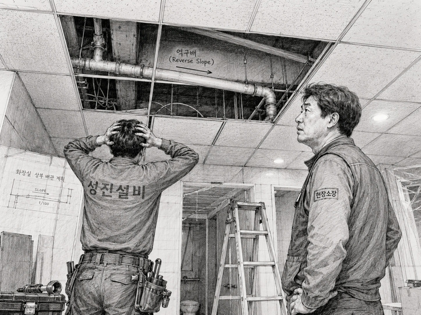 신설 화장실 오수배관이 배출 방향과 반대로 시공된 역구배 상태를 발견하고 펌프 설치 대안을 검토하는 설비 현장