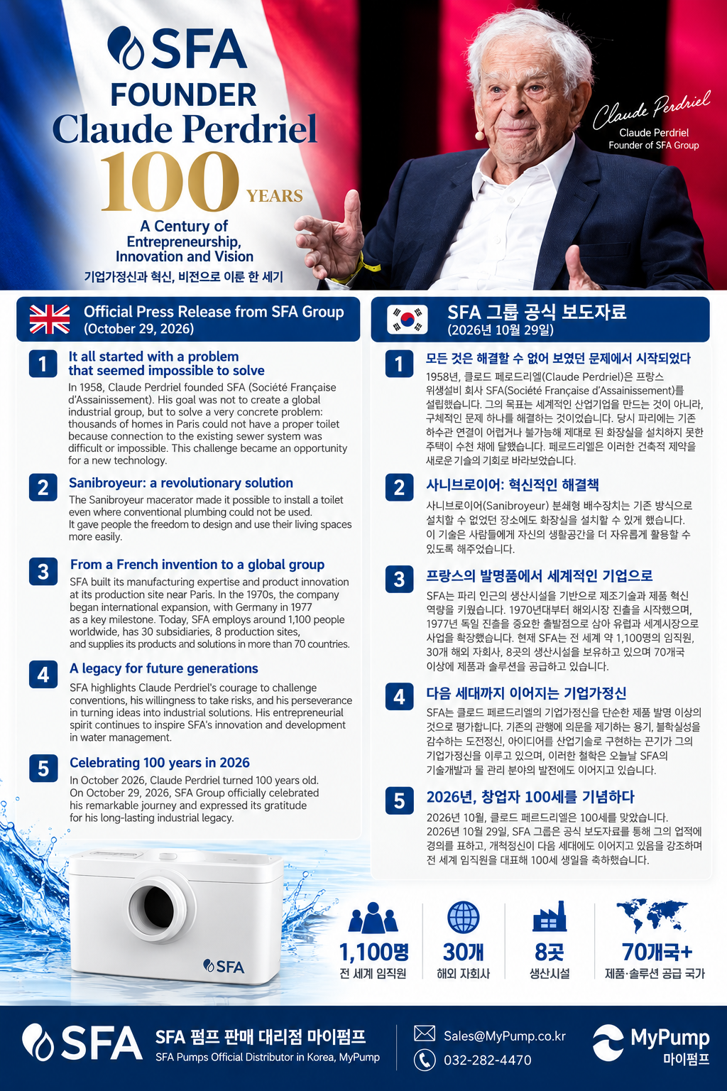 958년 설립된 프랑스 SFA 펌프의 68년 기술혁신과 창업자 Claude Perdriel의 100세 기념 공식 보도자료를 영문·한글로 비교하고, SFA Korea 공식 대리점 MyPump의 오수펌프 구매 및 설치 상담 정보를 확인해 보세요.